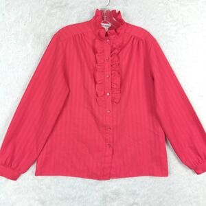 Vtg Paris Station Womens Blouse Button Down Red Ruffled Collar 70's 80's 16